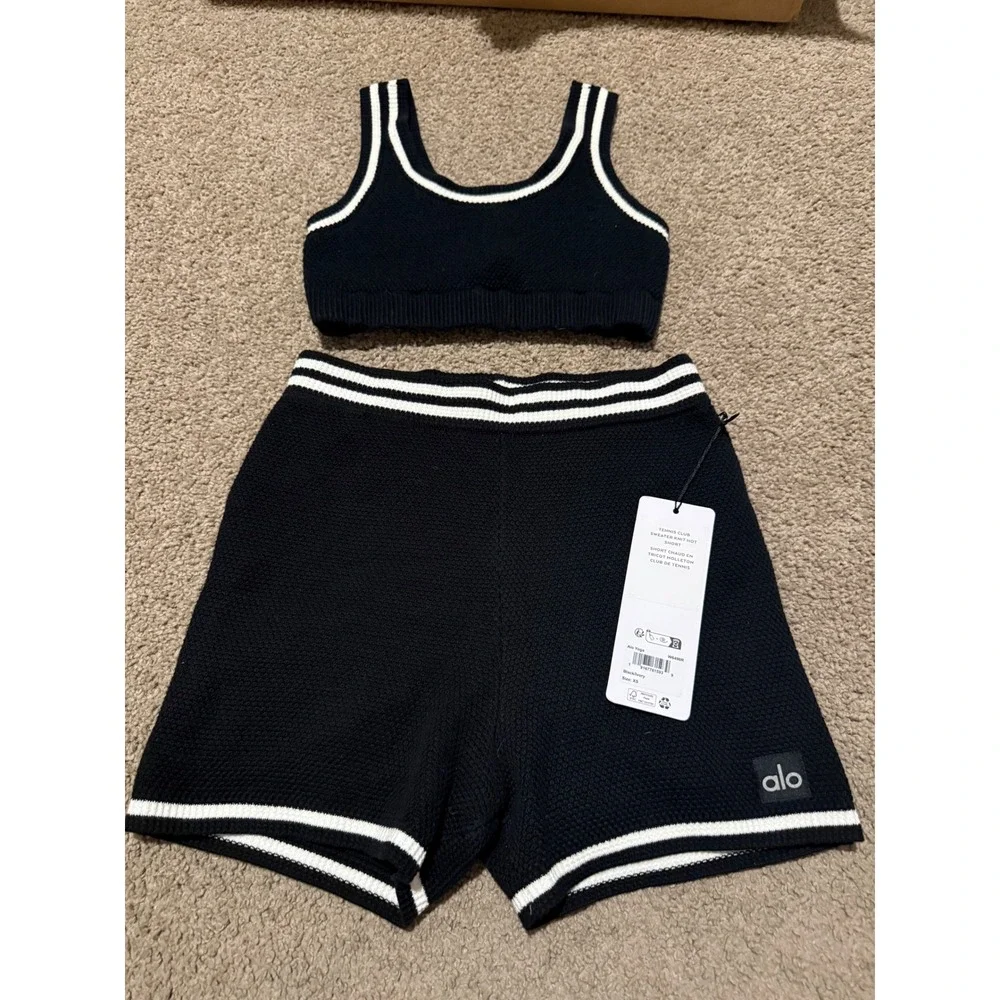Alo Yoga Tennis Club Sweater Knit Hot Short & Crop Top Set Black Ivory XS NWT